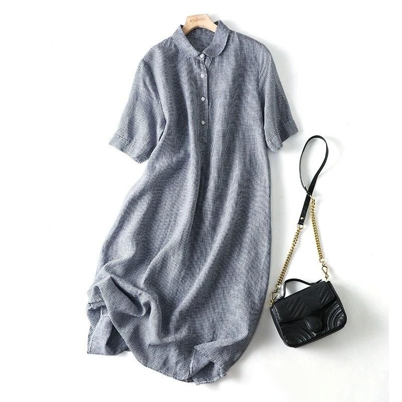 Plaid Dress Women Vintage Half Sleeve Hemp Shirt Dresses Large Size Loose Long Skirt