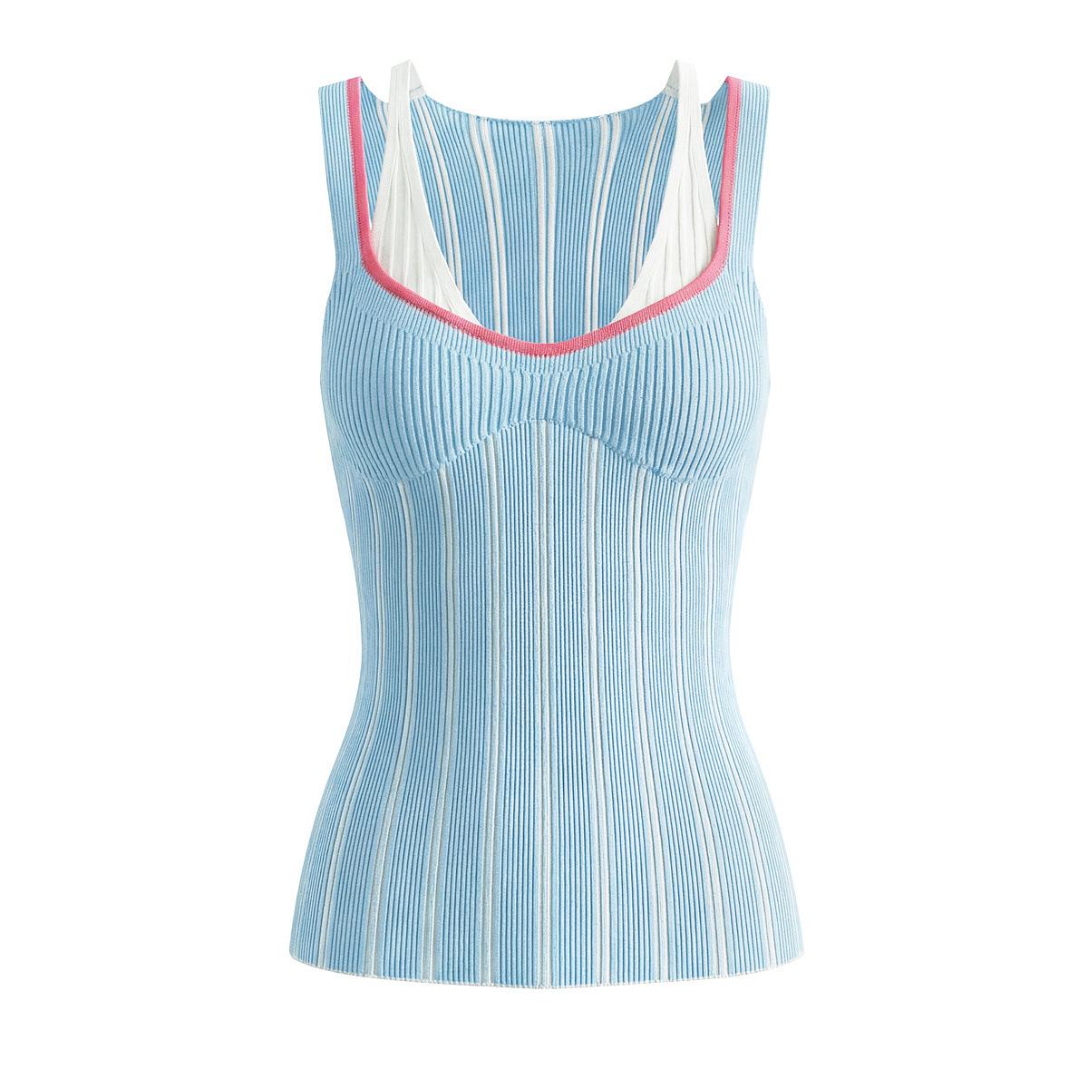 European and American style, new women s clothing, French v-neck sexy fake two-piece knitted vest top S светло-синий