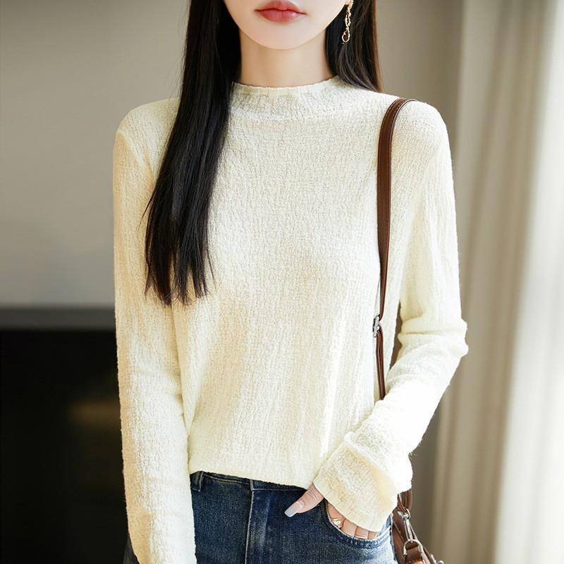 Womens Semi-High Neck Knit Top Solid Color Slim Fit Thin Base Layer 2026