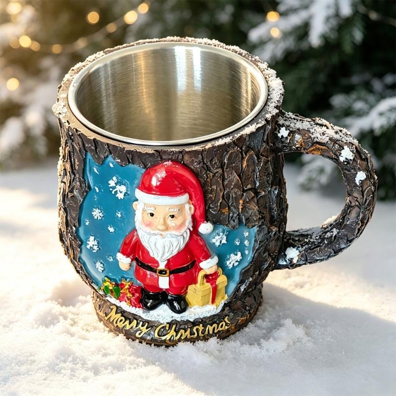 Christmas Tea Cup with Holiday Relief Pattern, Molded Shell, Metal Inner Cup for Gift Use and Winter Table Service