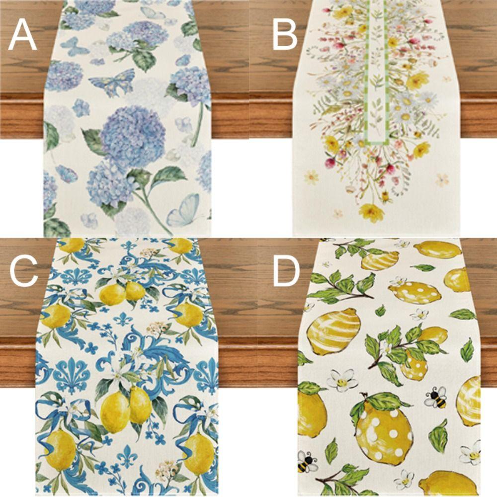 Vintage Blue Lemon Linen Table Runner Purple Hydrangea Tablecloth Table Cover Table Decor