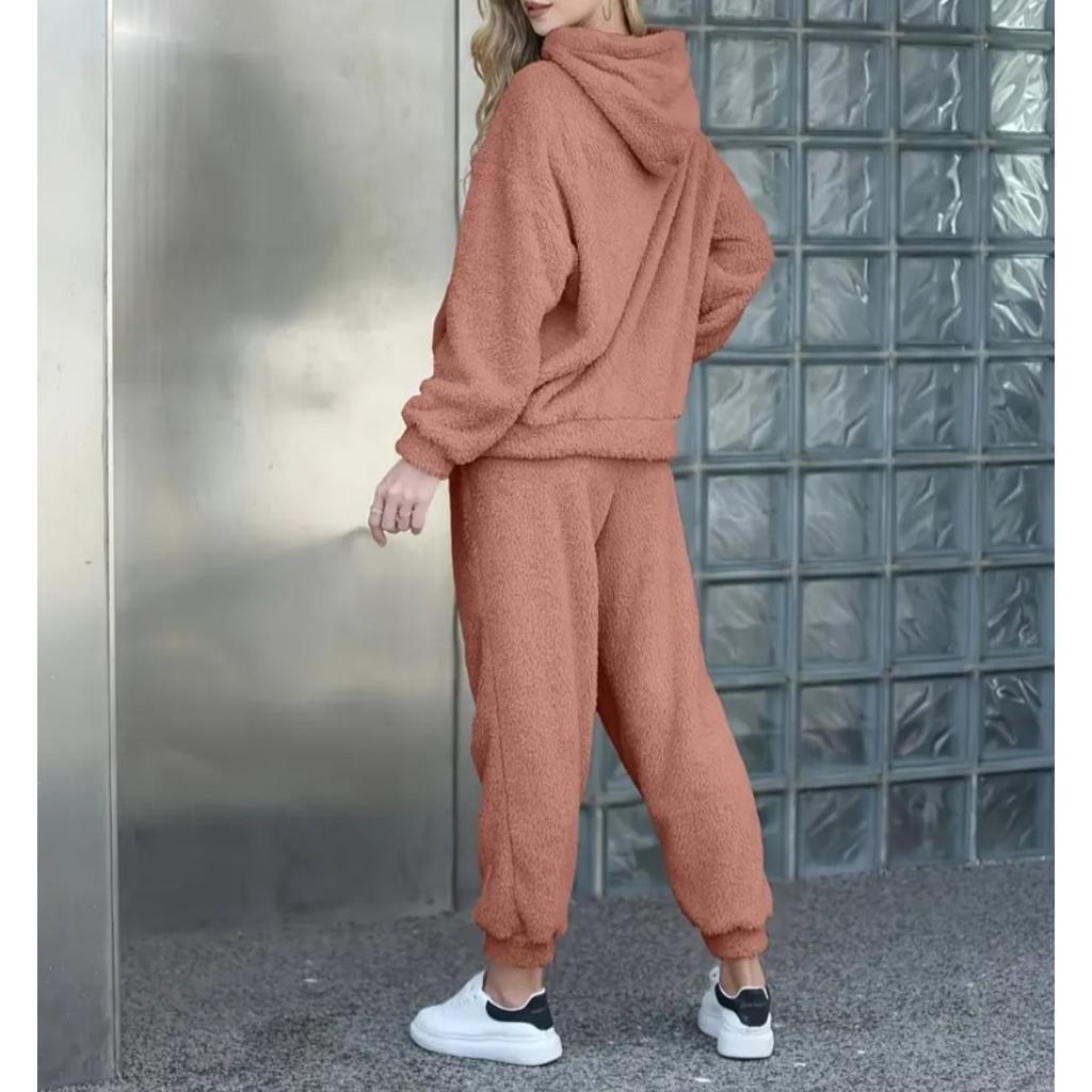 Autumn and Winter Solid Color Women's Clothing, Hooded Long Sleeved Patch Pocket Casual Pants Home Two-piece Set