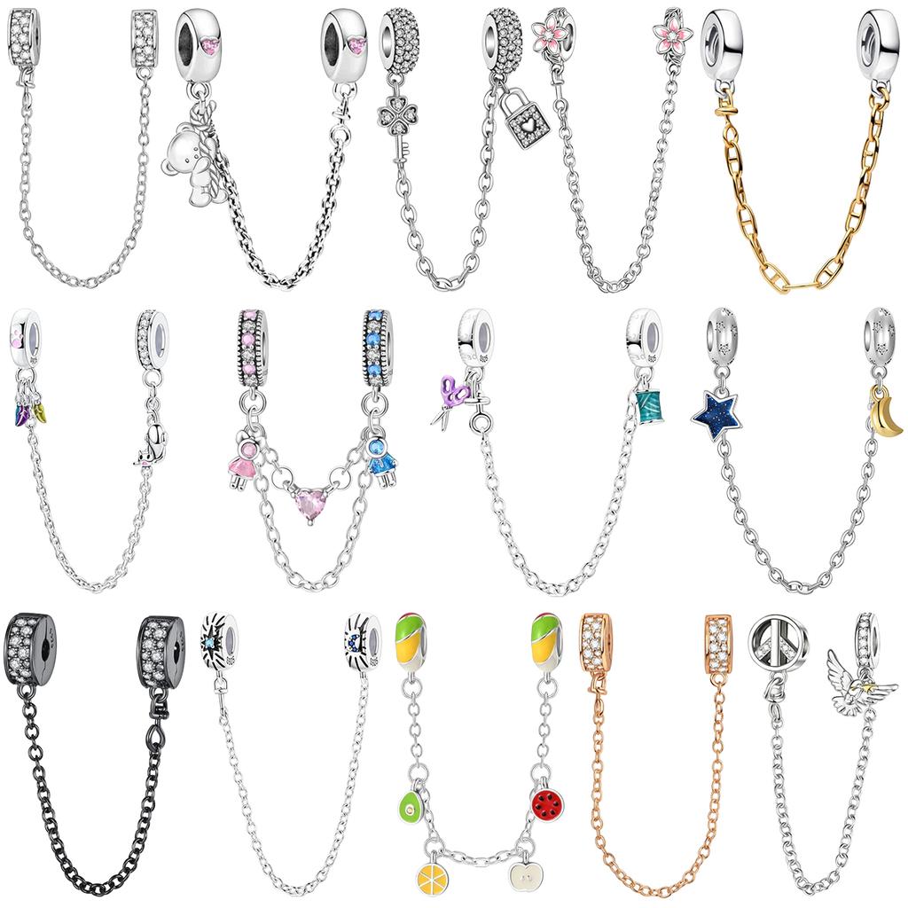 925 Silver Safety Chain Charm Bracelet Set Clover Lock Key Bear Peace Dove Fruit Decoration Beaded Fine Jewelry Gift