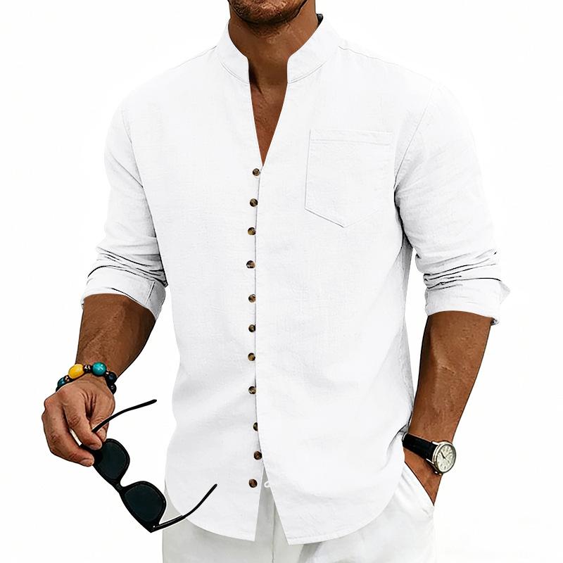 Mens Stand Collar Solid Color Loose Casual Long Sleeve Shirt