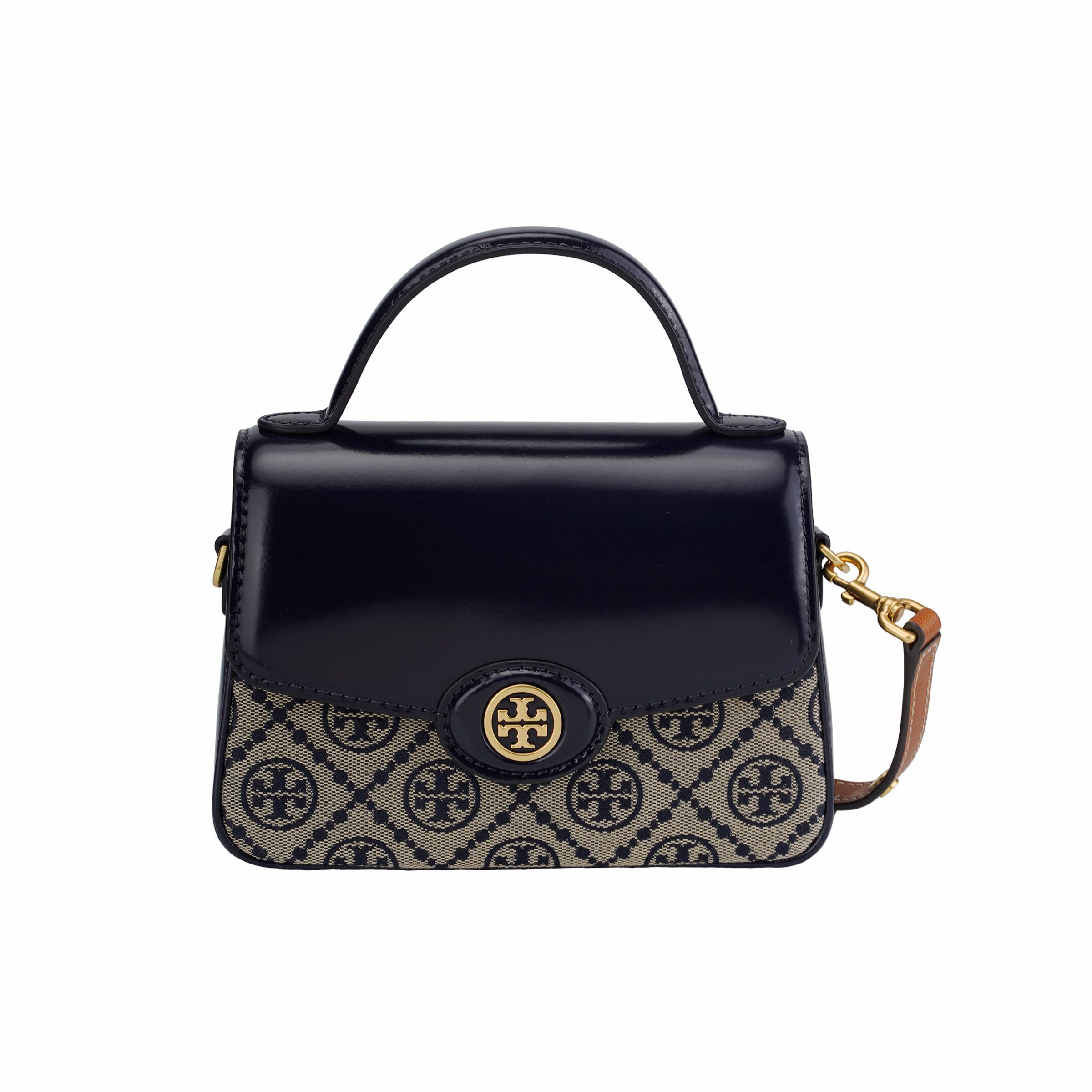 Tory Burch Women's Blue T Monogram Robinson Flap Magnetic Snap Jacquard And Leather Shoulder Crossbody Bag Small Handbags Navy- 161247-405