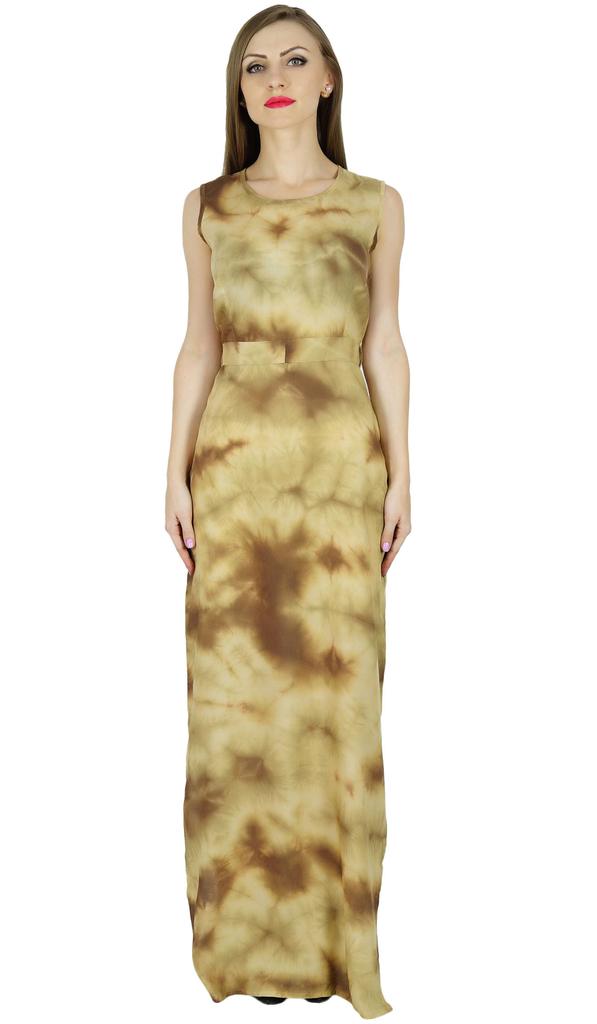 Bimba Women Long Rayon Maxi Dress Tie & Dye Brown Summer Wear Sleeveless