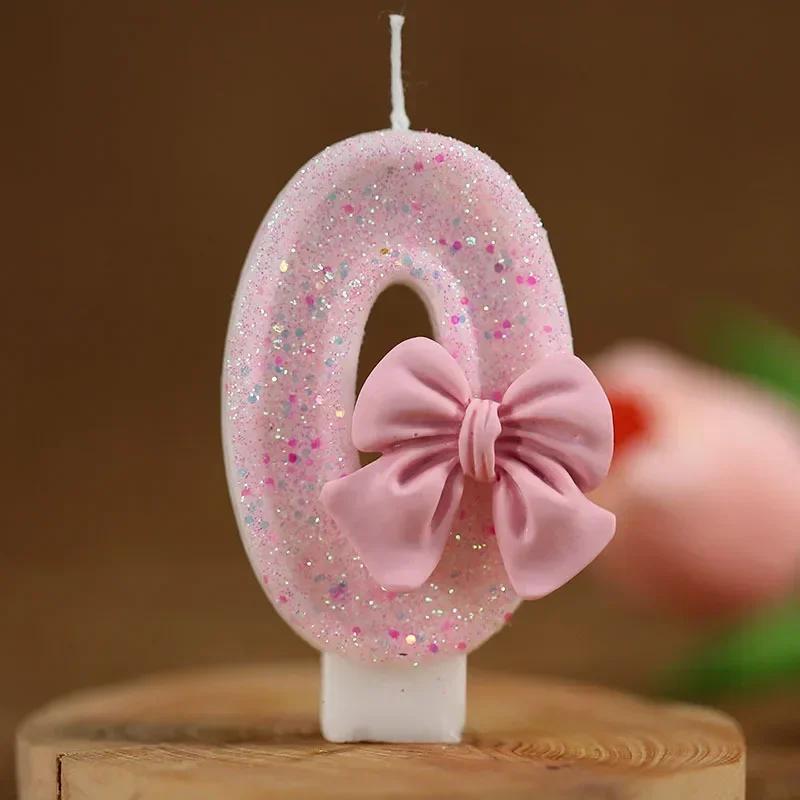 1PCS Cute Sequin Pink Big Number Bowknot Candle 3D Design Cake Topper Decoration Girls Birthday Cake Candles Dessert Ornament