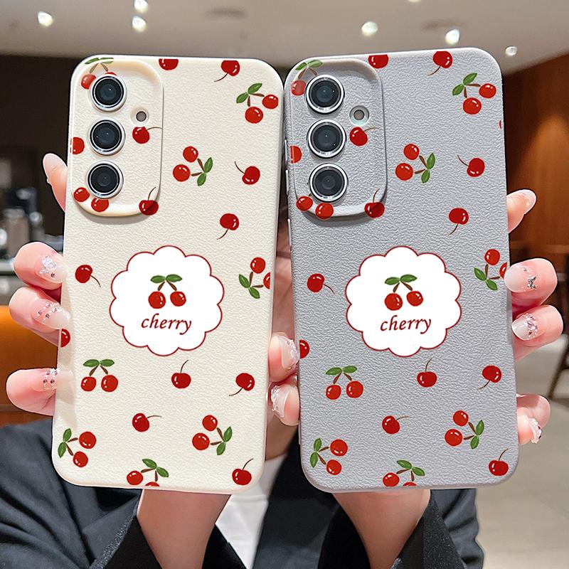 Cute Cherry Print Matte TPU Leather Texture Phone Case For Samsung S25 Ultra S24 FE S23 S22 S21 A56 A36 A16 A55 A35 A26 A15 Shockproof Soft Slim Cover