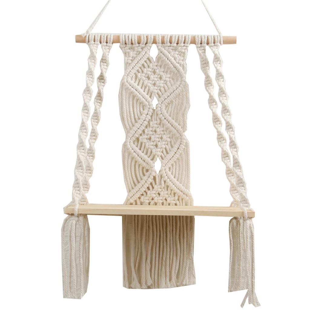 Schwebender Aufbewahrungshalter aus Holz, Makramee-Wandregal, böhmisches gewebtes Seil, Schaukelregal, Display, Heimbuch, Pflanzenregal
