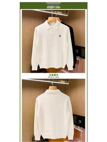 Men's High-End Retro Cable Knit Slim Fit Polo Sweater - Minimalist Long Sleeve Lapel Style
