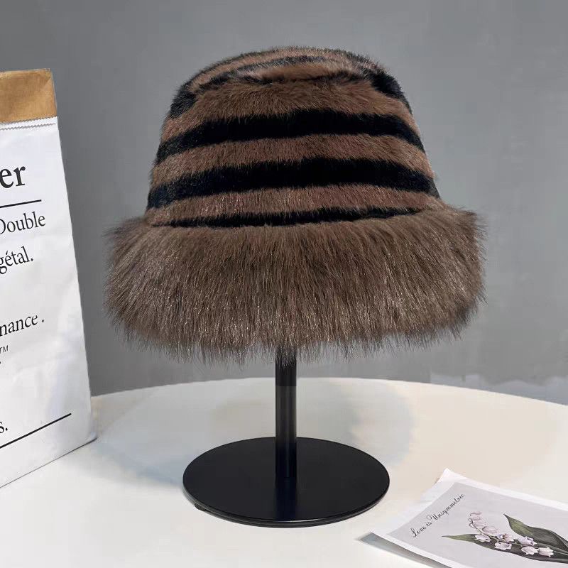 Women's Hat New Striped Plush Thickened Warm Hat Winter Casual Fashion Fisherman Hat Bucket Hat Women's