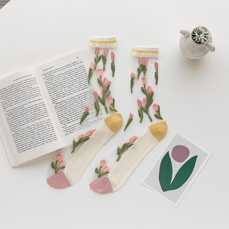 Women's Spring and Summer Trendy Tulip Transparent Crystal Glass Fiber Mid Calf Socks