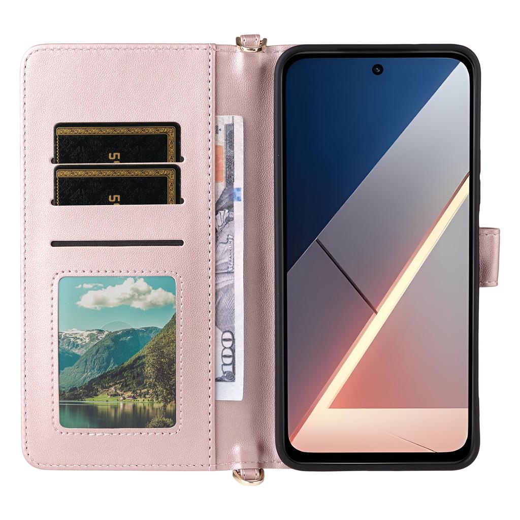 Para Xiaomi Poco M7 Plus 5G/Poco M7 4G (169mm) Capa com Alça de Ombro/Pulso Capa de Couro para Celular Suporte Carteira