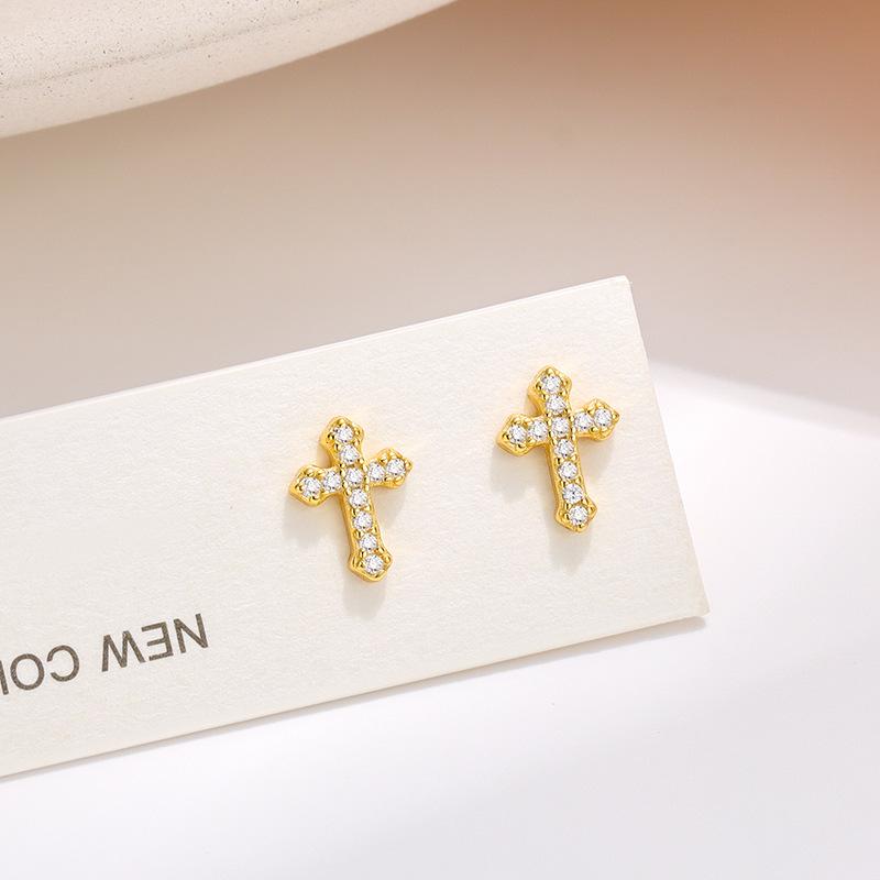 925 Sterling Silver Cross Stud Earrings Multi-Color Shiny CZ Crystal Minimalist Jewelry for Women Daily/Gift