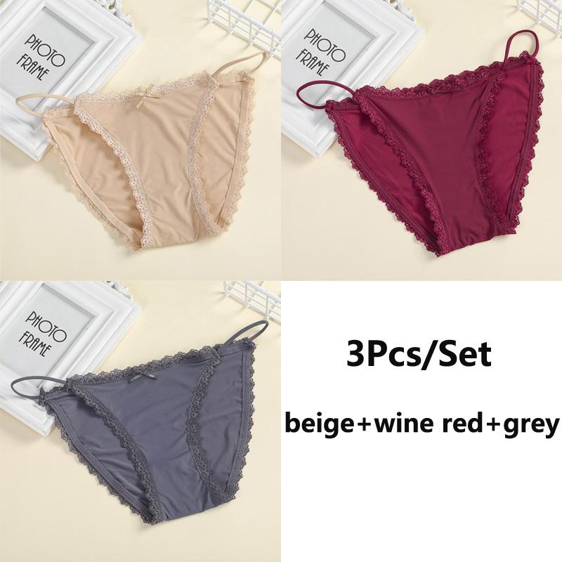 Seamless Lace 3pcs Sexy Women Panties Silk Lingerie Girls Cute Bow Underpants