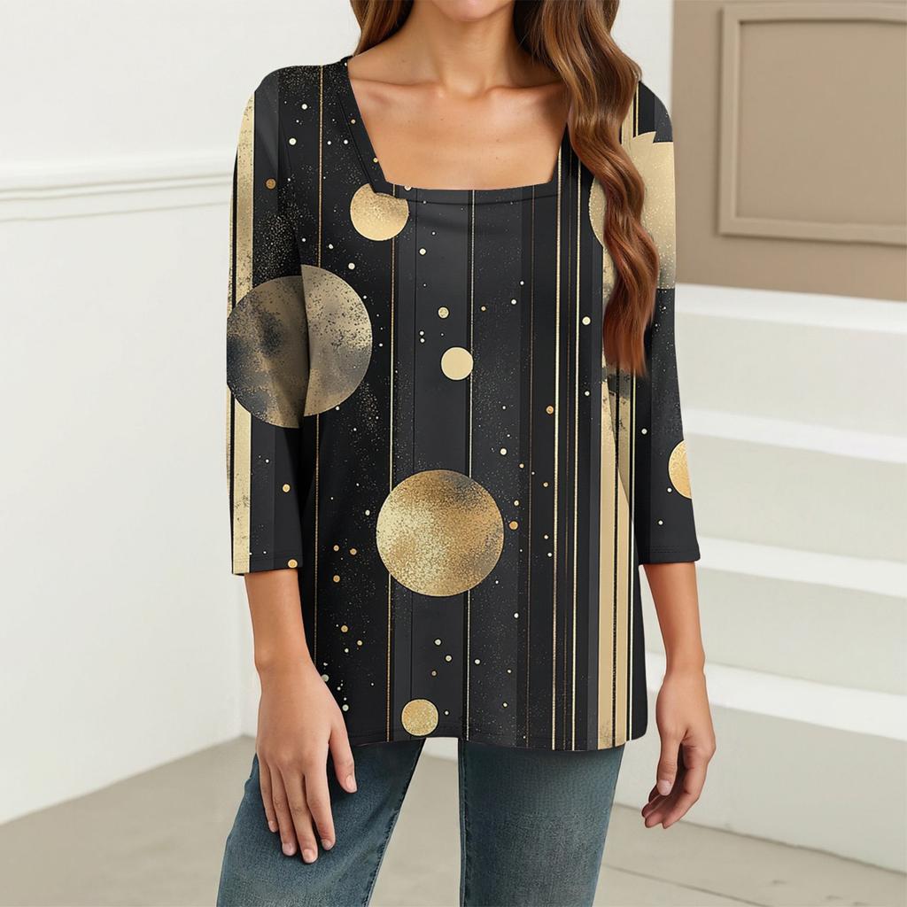 Women's T Shirt Tee Print 3/4 Sleeve Daily Weekend Fashion Basic Square Neck  Regular Top