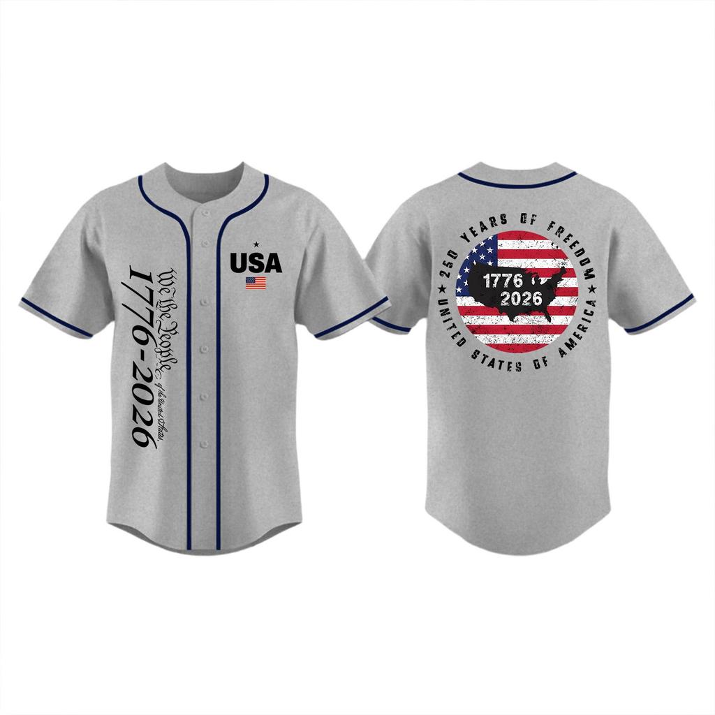 Unisex Baseballtrikot Oberteil für Erwachsene mit 1776-2026 Aufdruck USA Flagge Grafik Knopfleiste Kurze Ärmel Sportshirt für den Unabhängigkeitstag