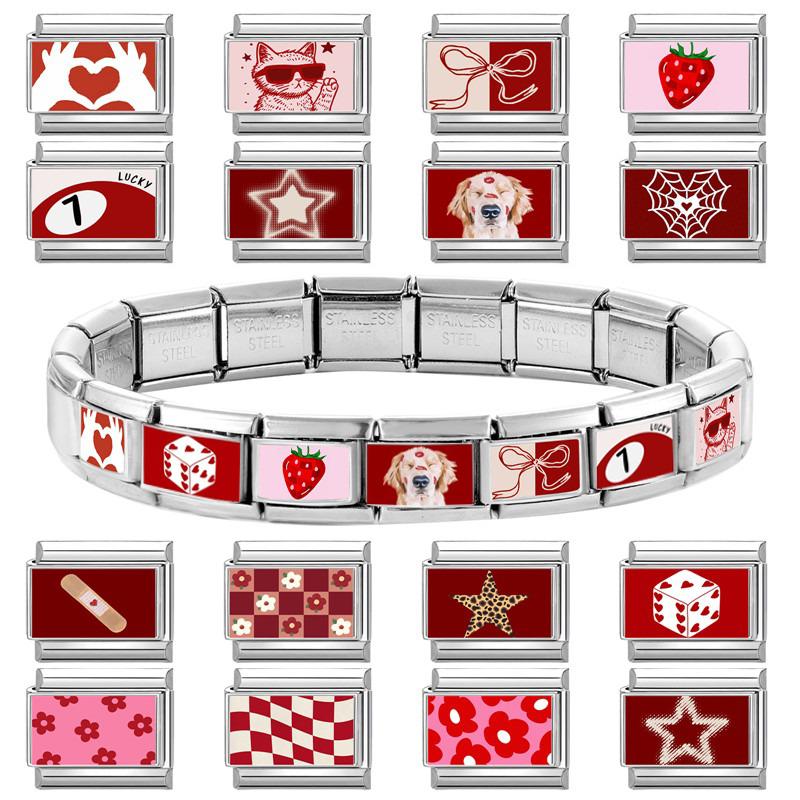 Modisches Personalisierbares DIY Rote Farbe Italienisches Charm-Armband Blume Katze Auto Herz Ziffer 9 Perle 9mm Armband Edelstahl Schmuck