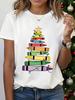 Crayon Christmas Tree Graphic Print T-shirt, Short Sleeve Crew Neck Casual Top for Summer & Spring, Women's Clothing