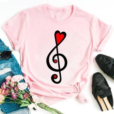 T-shirt Femme Imprimé Rose Note de Musique Cœur Manches Courtes Col Rond Ample T-shirt Femme Hauts Vêtements Camisetas Mujer