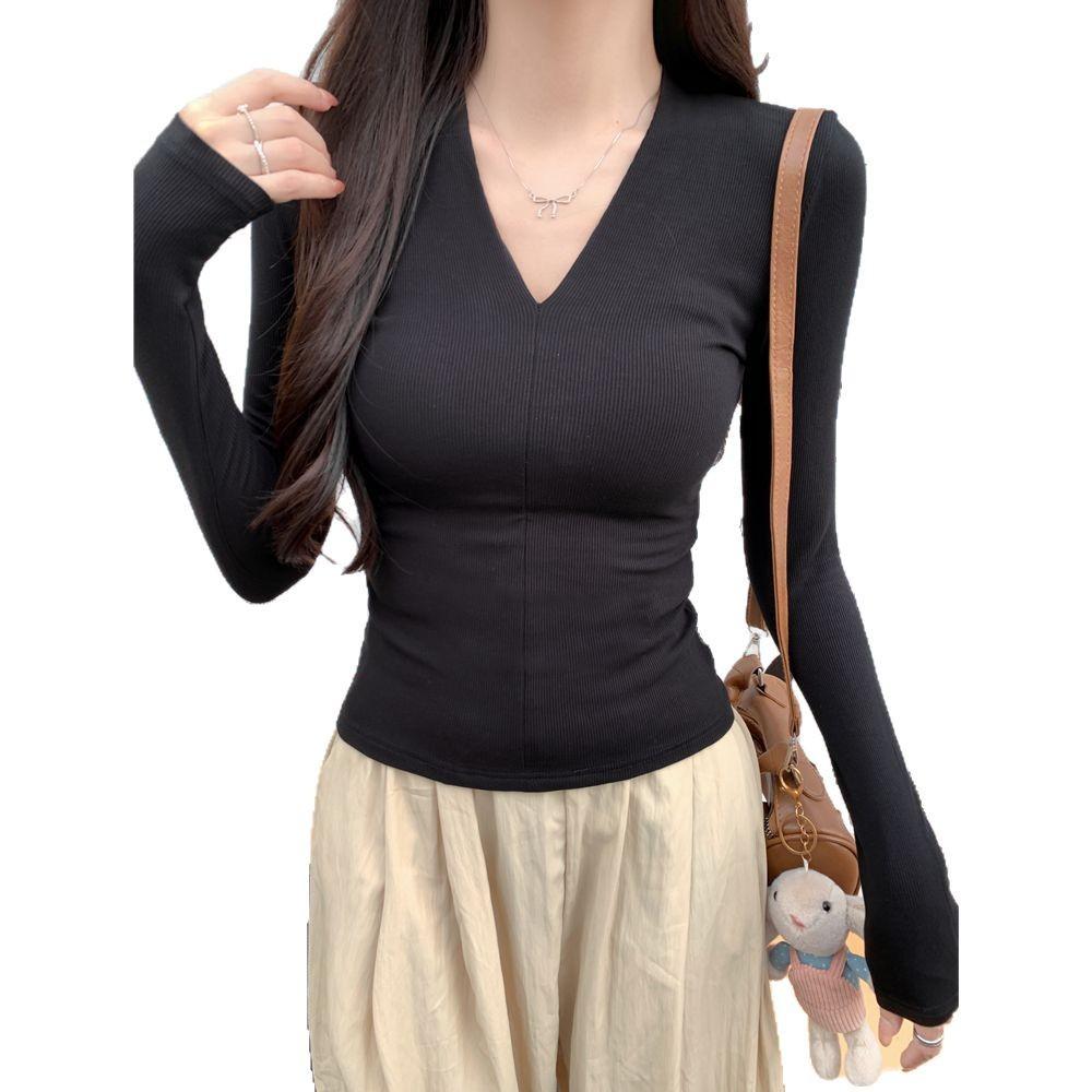 V-neck bottoming shirt for women, spring and summer inner and outer wear, slim fit, pure desire wind, tight temperament, solid color long-sleeved