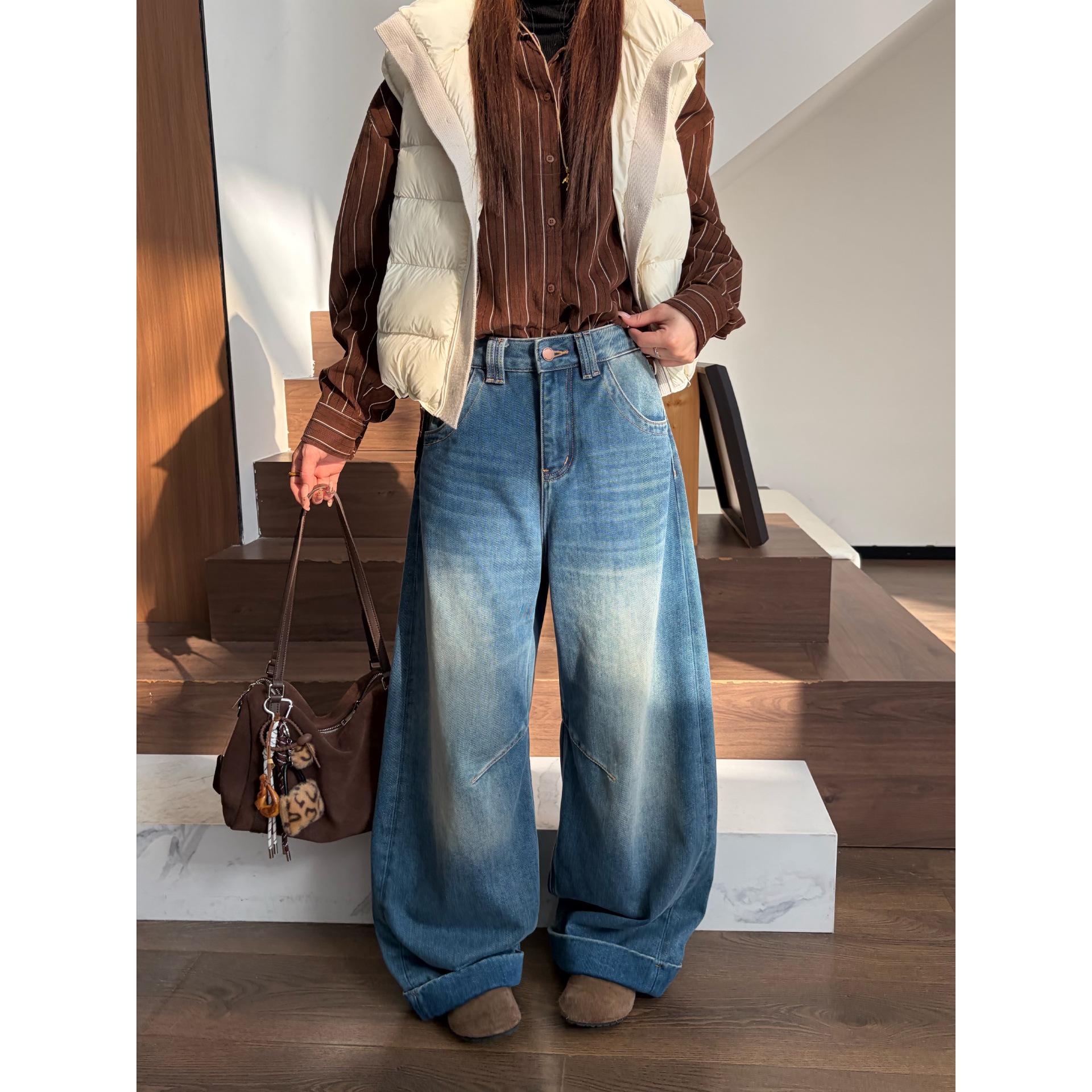 

Guangzhou Retro Washed White Flocked Wide-Leg Jeans for Women 28 темно-синий