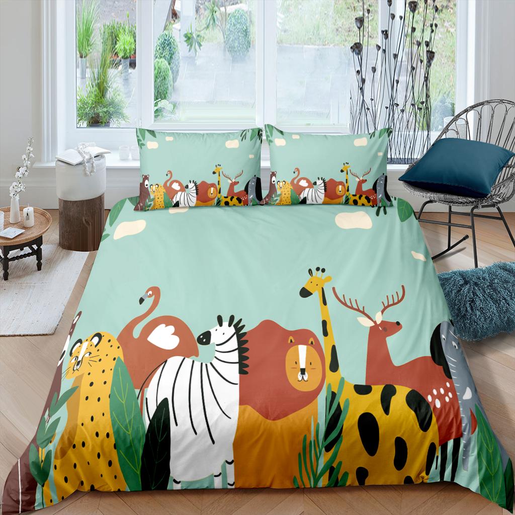 Funda Nórdica de Animales de Dibujos Animados Rey Reina Elefante Jirafa León Juego de Cama para Niños Vida Salvaje Amarillo 2/3 Piezas Funda de Colcha de Poliéster