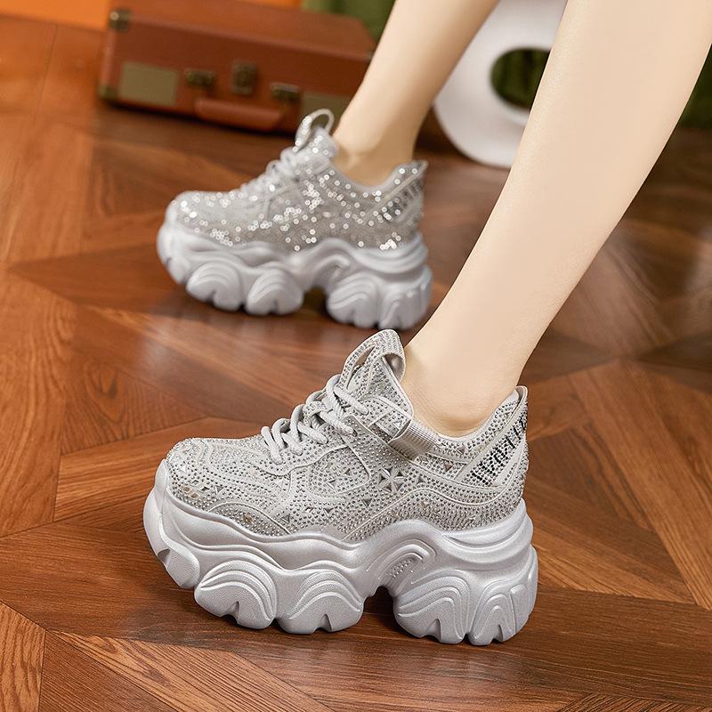 Fashion Shiny Rhinestone Chunky Platform Sneakers Trendy Bling Design, Ultra-Thick Sole Women’s Shoes for Street Fashion & Party Styling