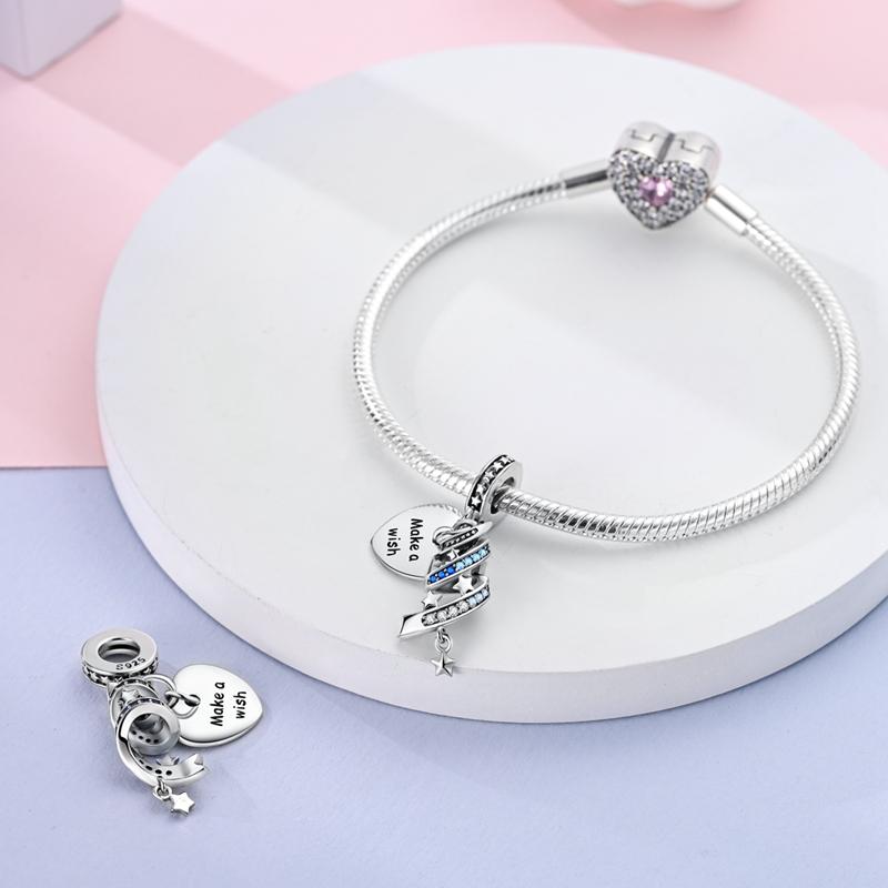 Charms Copper Blue Meteor Heart-Shaped Wish Pendants Fit Charms Plata Original Bracelet Beads Women Jewellery Making Diy