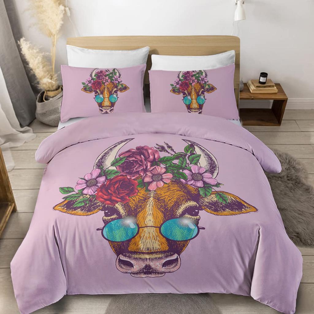 Farmer Cow Print Duvet Cover Set Oil Painting Cow Bedding Set Vintage Animals Dog Pig Chicken Printed Comforter Cover Full Size