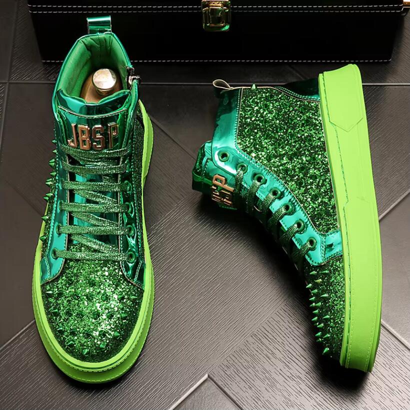 Móda Luxusní designérské Diamantové ležérní boty Vysoká kvalita nýtované vysoké semišové zipové tenisky Zapatos Hombre A7