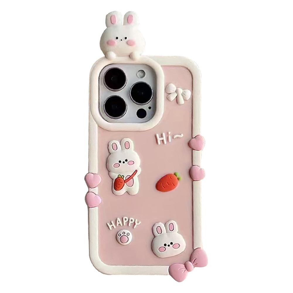 For iPhone 16 Pro Silicone Case Cute 3D Cartoon Carrot Rabbit Design Shockproof Phone Back Cover