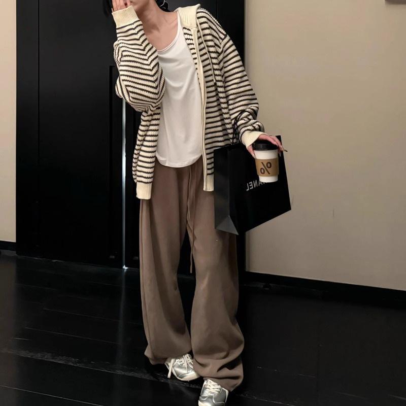 Unisex Retro Hooded Striped Color Block Knit Cardigan for Autumn/Winter Women's Top