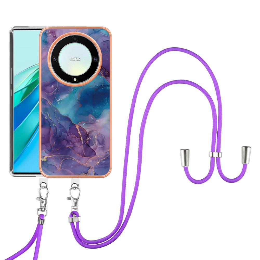 

YB IMD Series-18 Style E Electroplating Phone Case for Honor X9a 5G/Magic5 Lite 5G,2.0mm TPU Marble Pattern Cover with Lanyard Purple