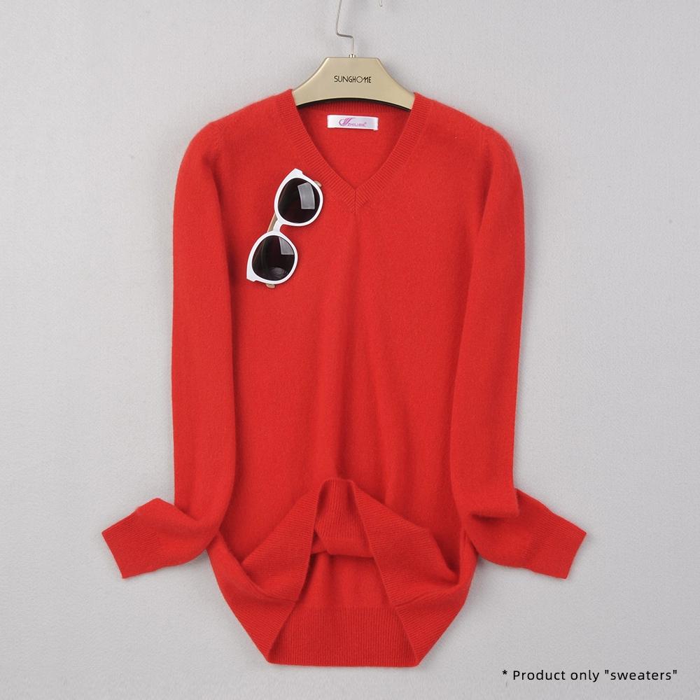 Women's V-neck Cashmere Sweater Warm Long Sleeved Sweater Solid Color