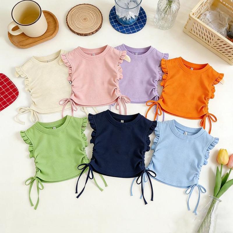 Summer Short-sleeve Tops Girls' Clothes Korean Version Basic and Simple T-shirt Children's Clothing Solid Color Sleeveless Top