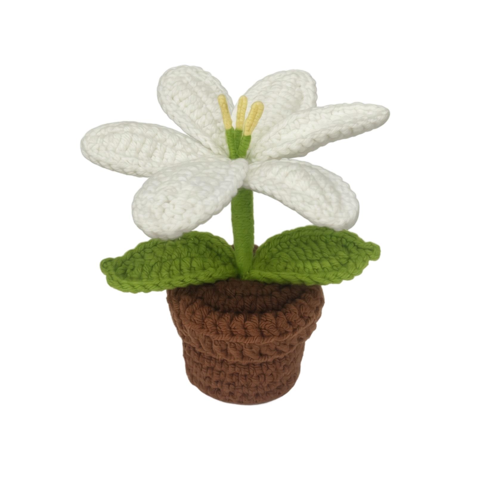 

Handmade Knitted Yarn Potted Plant Tabletop Decoration Knitted Flower Pot with Lily Flower Design Soft Yarn Craft Indoor Ornament One Size