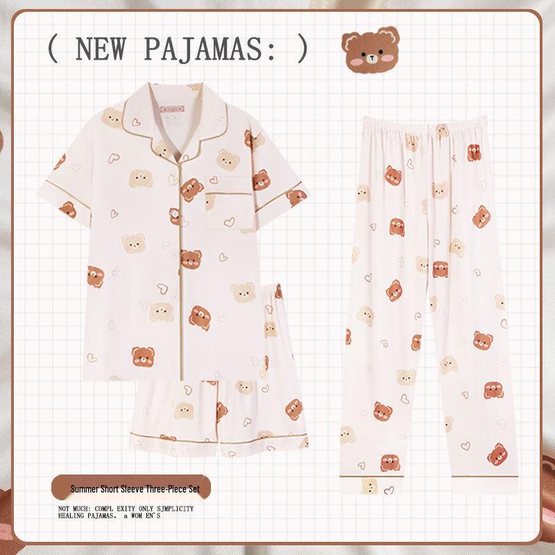 Pastoral Women's Pajama Set: Soft, Cute Rabbit Design, Short-Sleeve, Casual Three-Piece Loungewear.