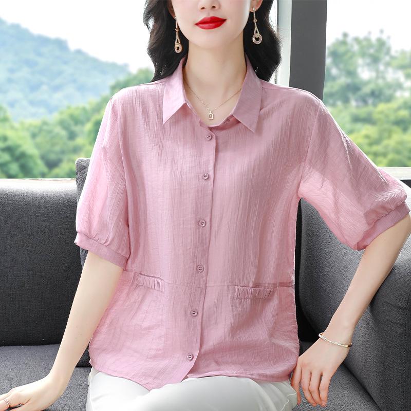 2025 Summer Lightweight Loose Cotton Linen Shirts - Plus Size, Short-Sleeve, Flattering and Breathable Design for Moms