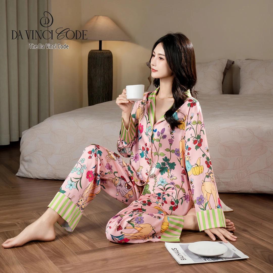 

Комплект пижамы из ледяного шелка Лесной кролик : Женская домашняя одежда с длинным рукавом и брюками Large