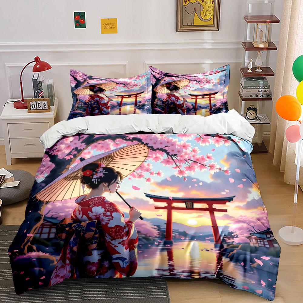 Cherry Blossom Geisha Design Bedding Duvet Cover Set (1*Duvet Cover 2*Pillowcases, without duvet insert)