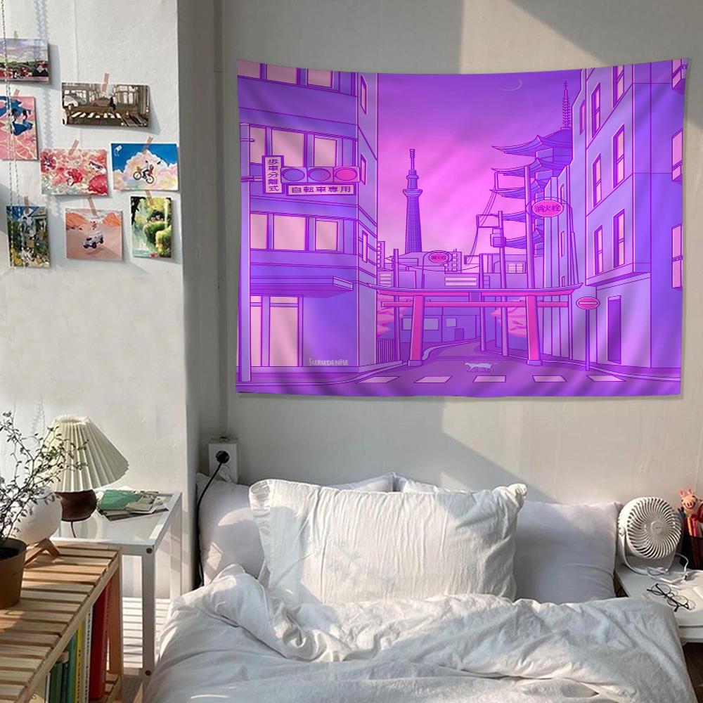 80S Vaporwave Style City Night Street Cat Cartoon Tapestry Wall Hanging Decoration Household Home Decor