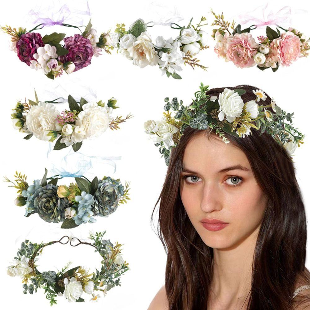Bohemian Festival Wedding Flower Crown Photo Props Rose Green Leaf Floral Headpiece Hair Wreath Spring