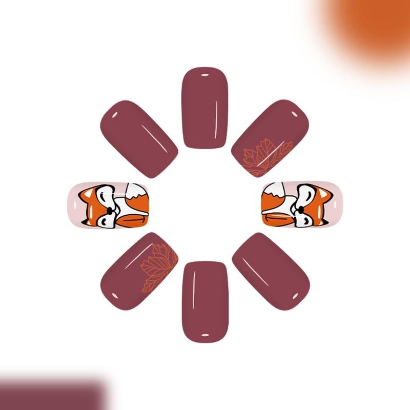 Stylish Red Brown Squirrel Pattern Press On Nail With Maple Designs Durability Plastic Artificial Nail For Women