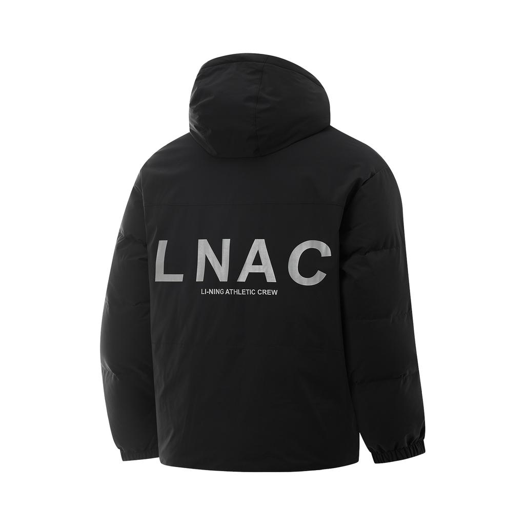 Li-Ning Hot Pot Down Jacket Series Water-Resistant Letter Print Hooded Casual Zipper Short Winter Down Jacket Men Jackets Black AYMU251-6