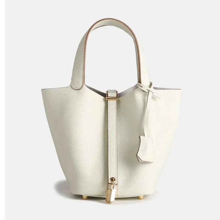 2025 Large Capacity Genuine Leather Commuter Handbag - Lychee Pattern Cowhide Bucket Bag