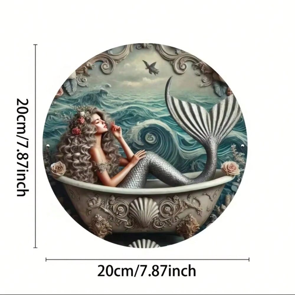 MermaidOceanPro 1PC Waterproof Metal Round Wall Art Nautical Coastal Ocean Home Decor