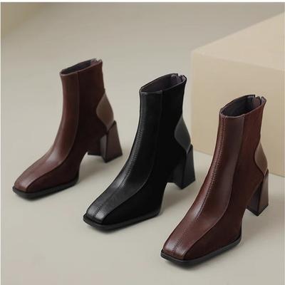 Retro Square Head Thick Heel Short Boots Women's Leather Color Matching Rear Zipper Simple Commuting High Heel Single Boots and Ankle Boots Women