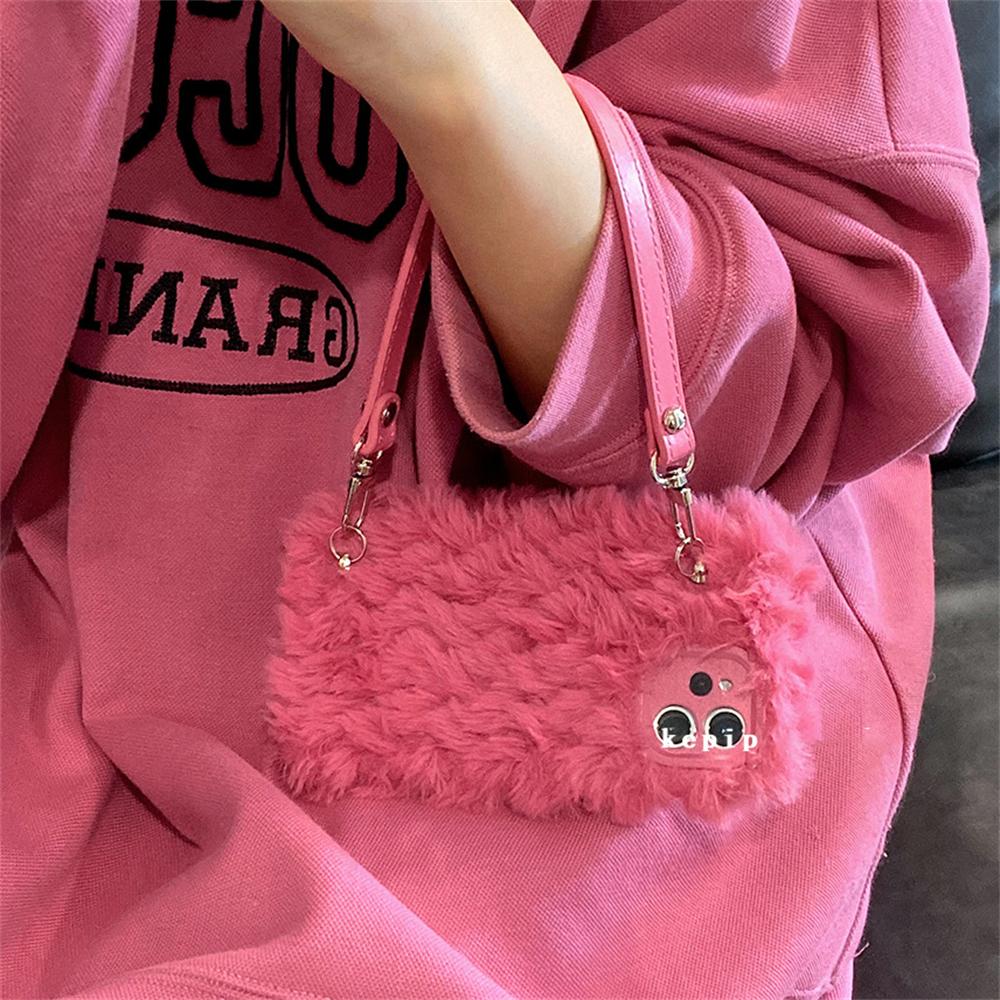 Ins-funda de teléfono de piel con correa de mano para Iphone, elegante funda suave de felpa a prueba de golpes para invierno, 14, 13, 12, 11 Pro, Xs Max, X, Xr, 7, 8 Plus