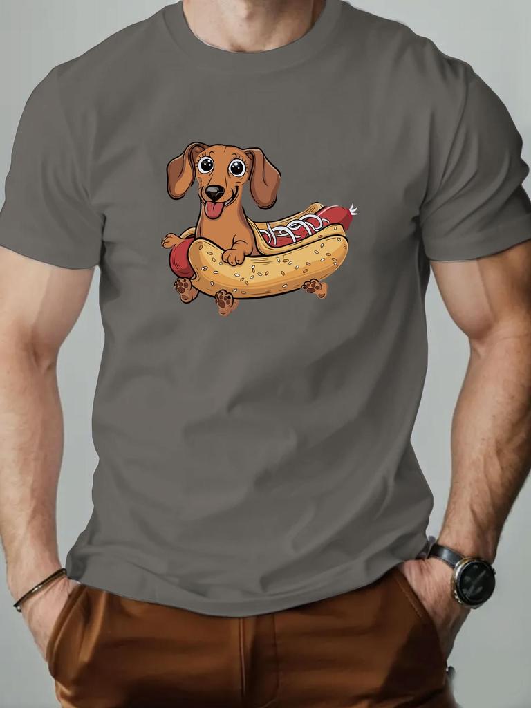 ZX Summer Mens Casual Summer Cartoon Sausage Dog Hot Dog Pattern Tshirt  Lightweight and Breathable Round Neck Top Adult Style